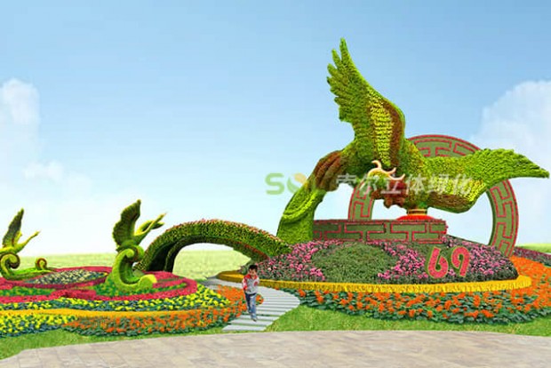 國慶主題綠雕“百鳥朝鳳”設計效果圖